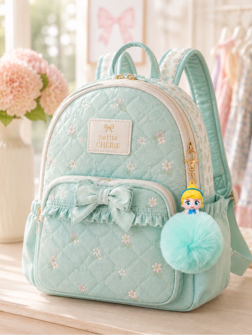 New‎ Cinderella Disney Princess themed Pom Pom Bag Charm Keychain Disney Rare